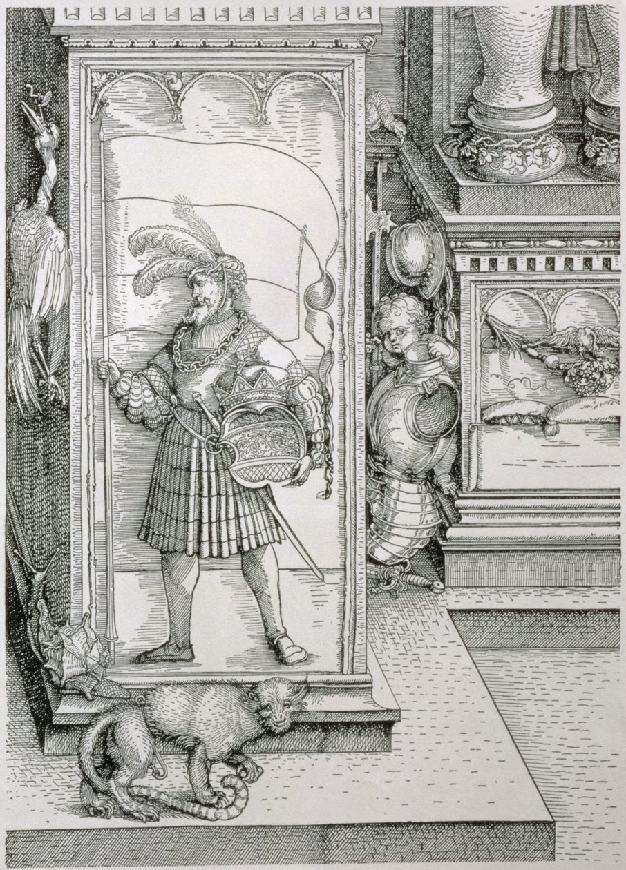 Der Triumphbogen von Kaiser Maximilian I. von Deutschland: Detail der Portalbasis mit einem geschnitzten Relief einer männlichen Figur, die ein Banner und ein gekröntes Wappen trägt, 1517-18 von Albrecht Dürer