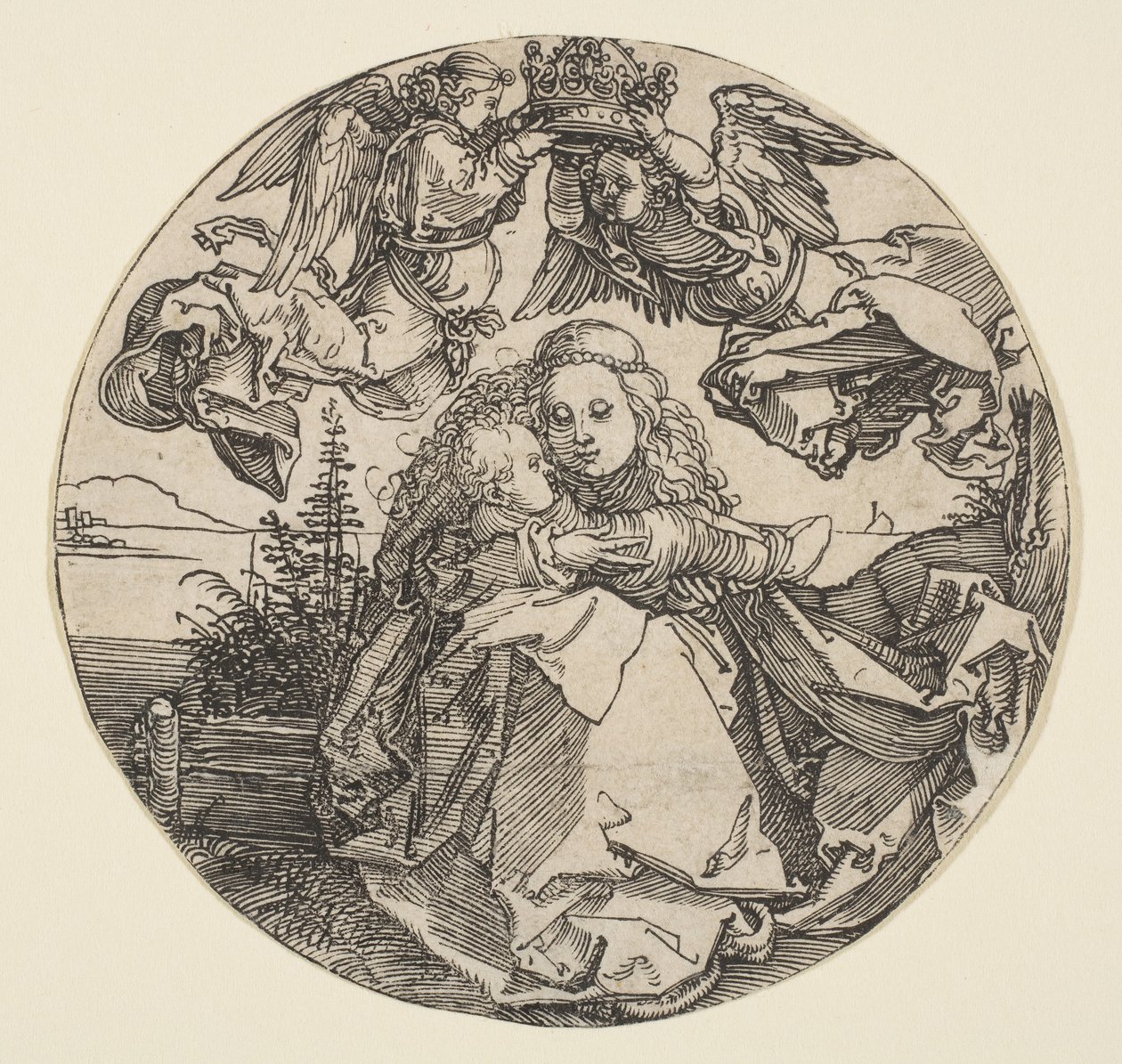 Die Jungfrau und das Kind, gekrönt von zwei Engeln über einer Landschaft, ca. 1504 von Albrecht Dürer
