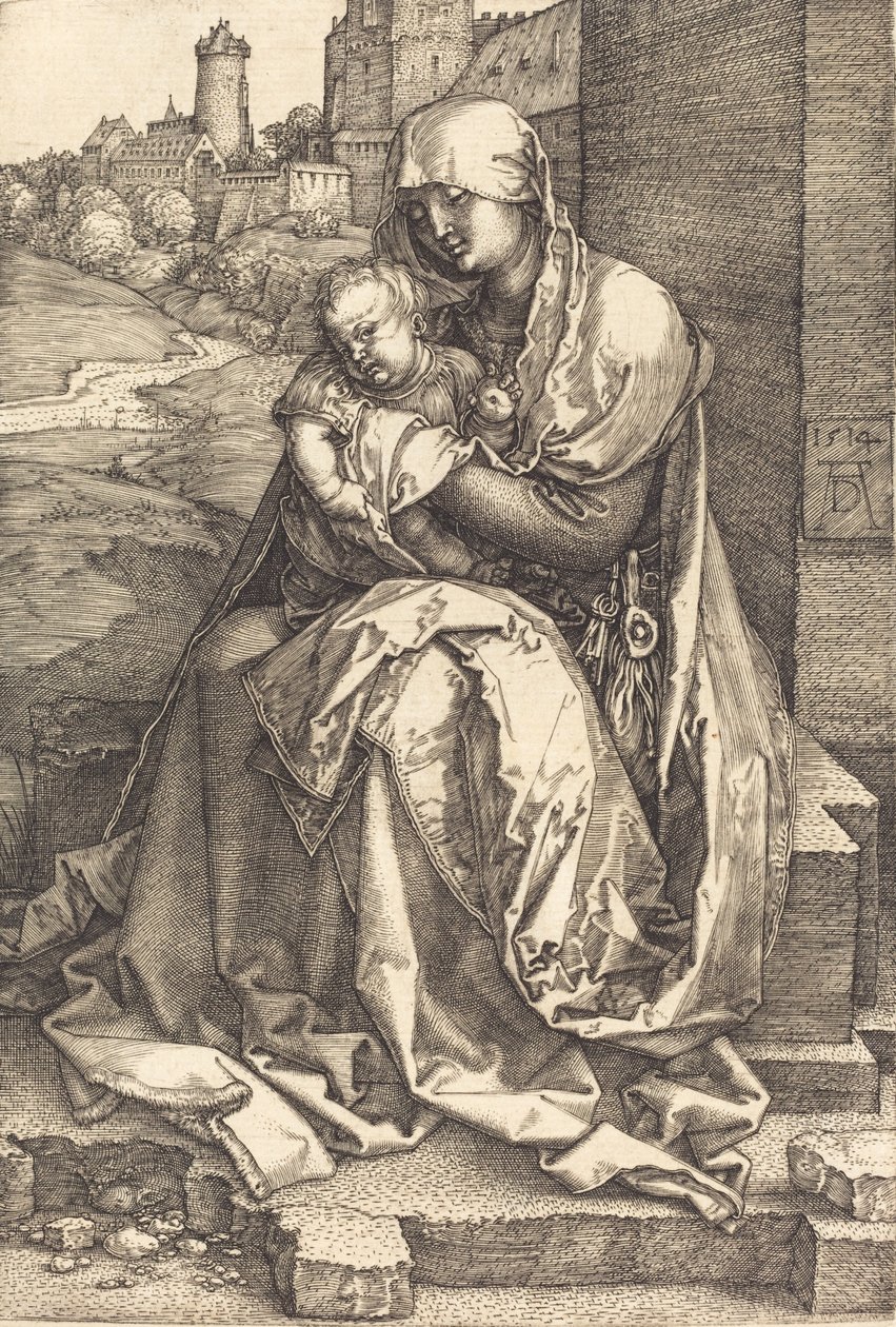 Die Jungfrau und das Kind sitzen an der Mauer von Albrecht Dürer