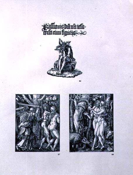 Drei Seiten aus der Kleinen Passion Serie: (oben) Titelseite mit Christus als Schmerzensmann und einer lateinischen Inschrift; (links) Die Vertreibung aus dem Paradies; (rechts) Adam und Eva, veröffentlicht 1511 von Albrecht Dürer