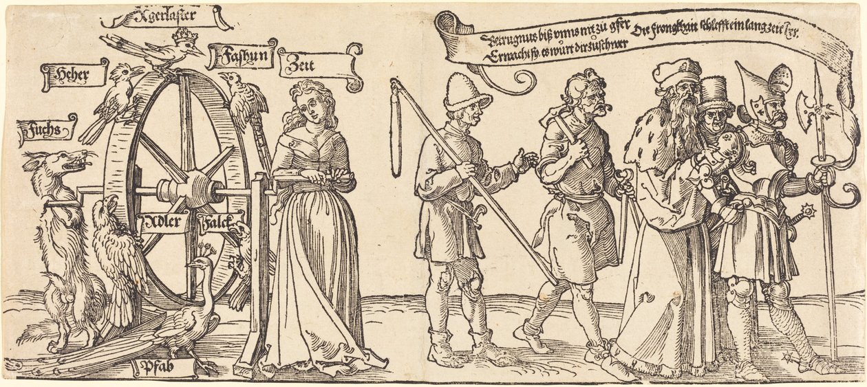 Zeit und ein Fuchs drehen das Rad des Schicksals mit Menschen aller Ränge rechts von Albrecht Dürer