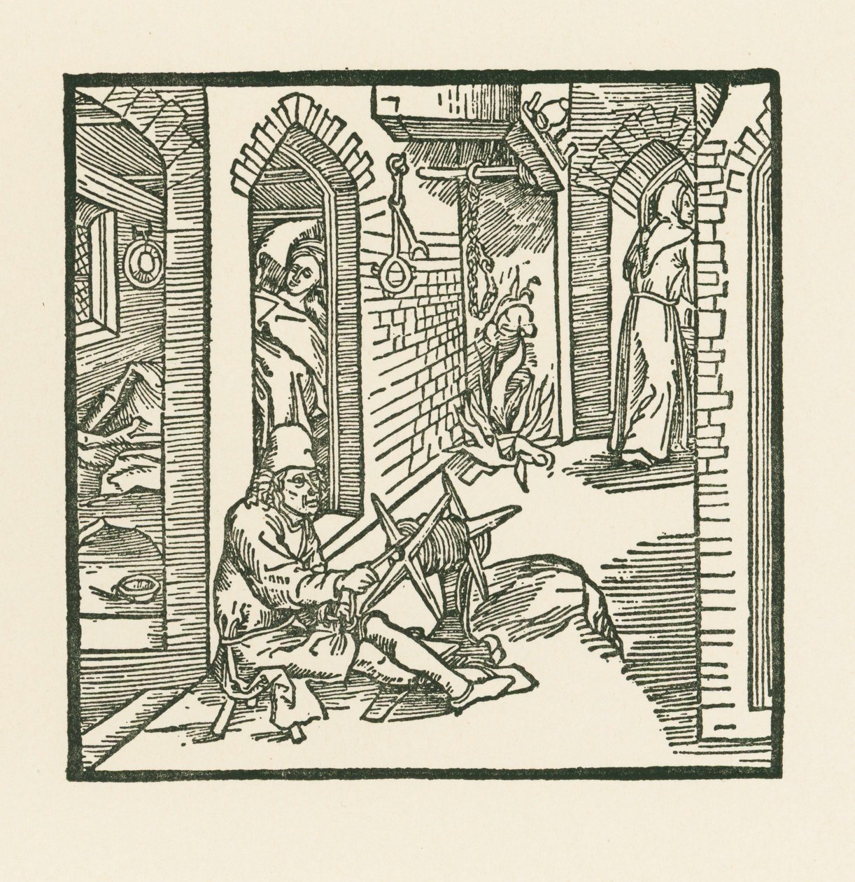 Ein Seilmacher sieht einen Mönch die Kammer seiner untreuen Frau verlassen von Albrecht Dürer or Duerer