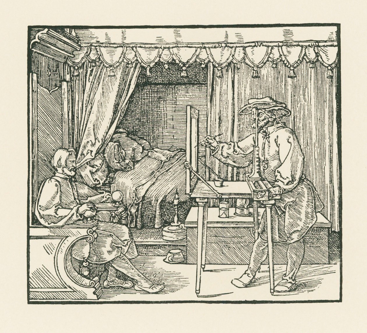 Ein Künstler zeichnet einen sitzenden Mann auf eine Glasscheibe durch ein Visier von Albrecht Dürer or Duerer