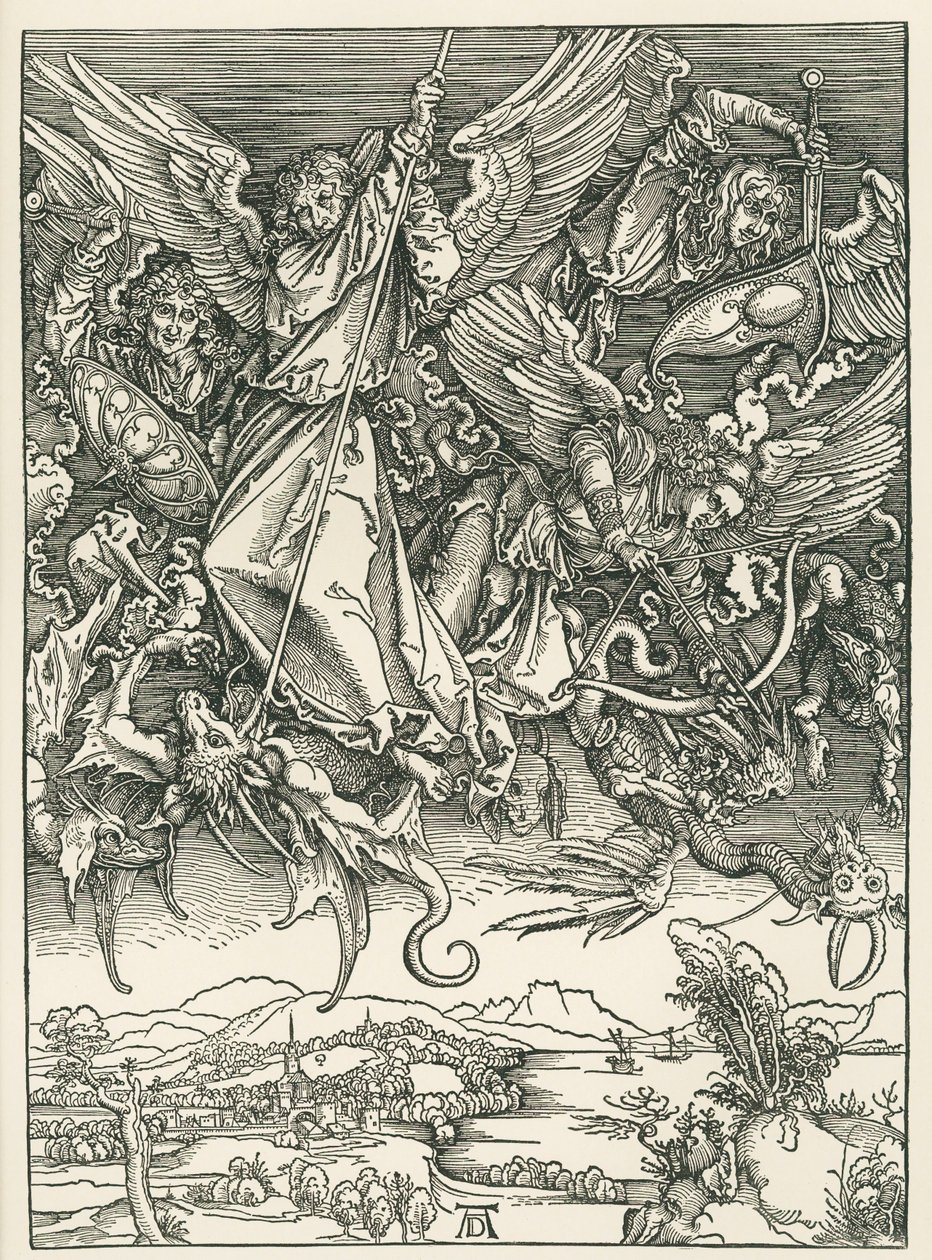 Erzengel Michael kämpft gegen den Drachen. Die Offenbarung des Heiligen Johannes von Albrecht Dürer or Duerer