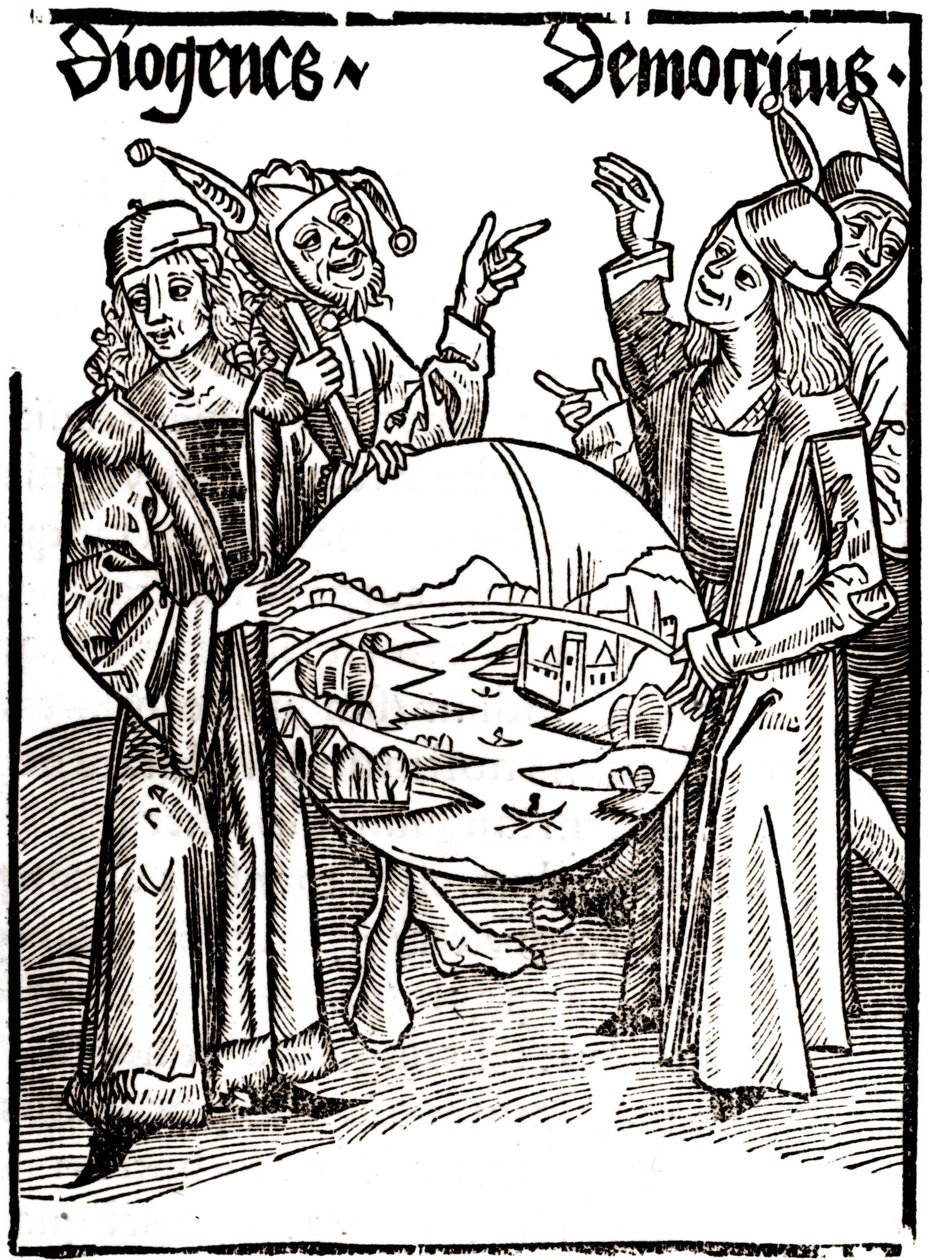 Diogenes (-413 - -327) und Demokrit (-460 - -370) - in „Das Narrenschiff“ von Sebastian Brant (1458 - 1521). Gravur. von Albrecht Dürer