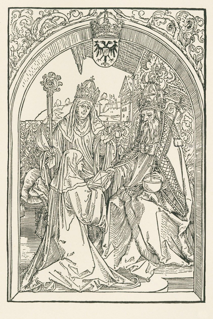 Roswitha in Anwesenheit ihrer Nichte Gerba, der Äbtissin von Gandersheim, überreicht ihre Werke Kaiser Otto I. von Albrecht Dürer or Duerer