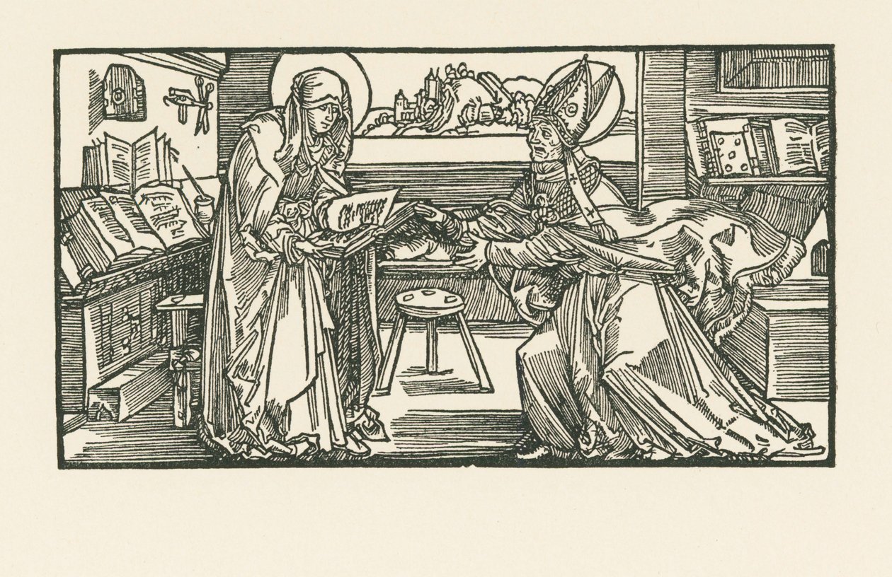 Heilige Birgitta in ihrer Kammer überreicht ihre Arbeit einem Bischof von Albrecht Dürer or Duerer