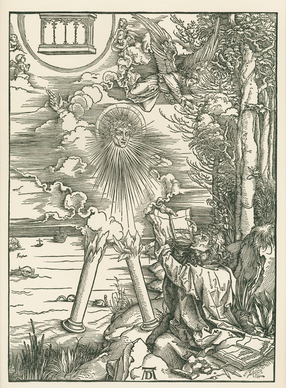 Sankt Johannes verschlingt das Buch, das ihm der Engel überreicht. Die Offenbarung des Johannes von Albrecht Dürer or Duerer