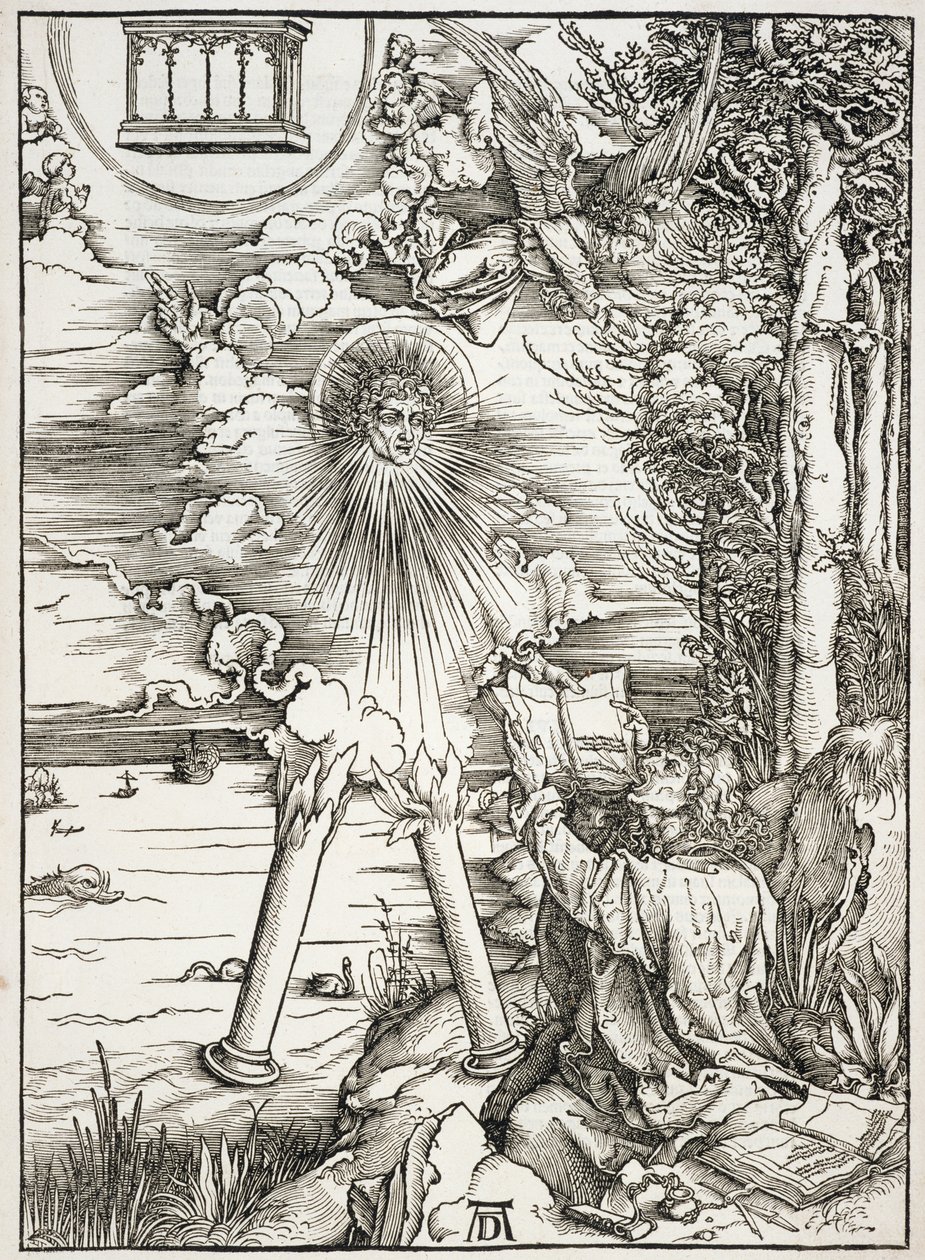 Szene aus der Apokalypse, St. Johannes verschlingt das Buch, lateinische Ausgabe von Albrecht Dürer