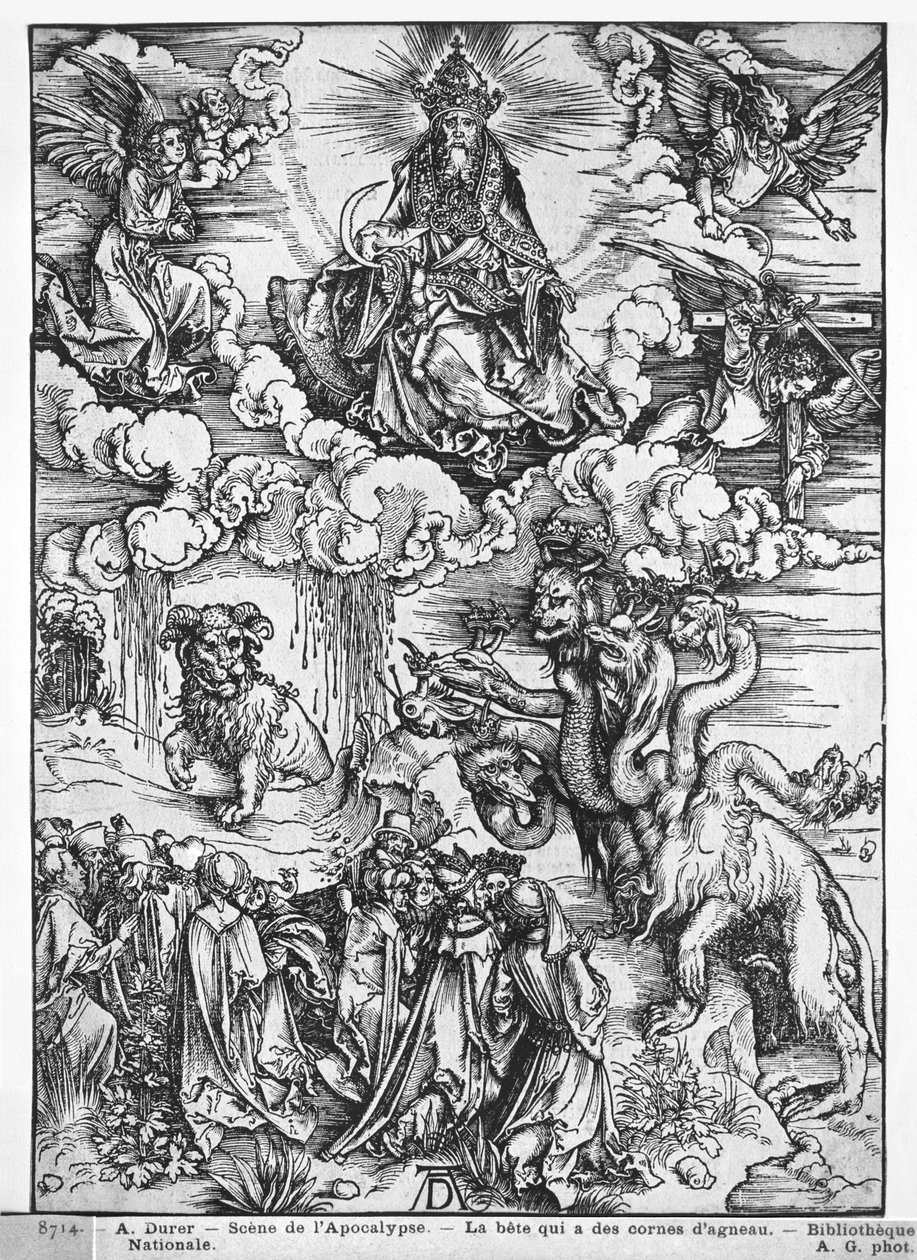 Szene aus der Apokalypse, Der siebenköpfige und zehnhörnige Drache von Albrecht Dürer