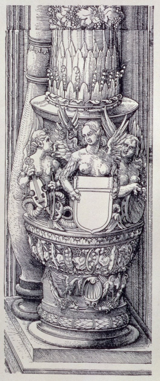 Der Triumphbogen von Kaiser Maximilian I. von Deutschland (1459-1519): Detail der zentralen Tore der Ehre und Macht, linke Säulenbasis verziert mit Bändern aus Laub und geflügelten weiblichen Greifen, datiert 1515, veröffentlicht 1517/18 (Holzschnitt) von Albrecht Dürer