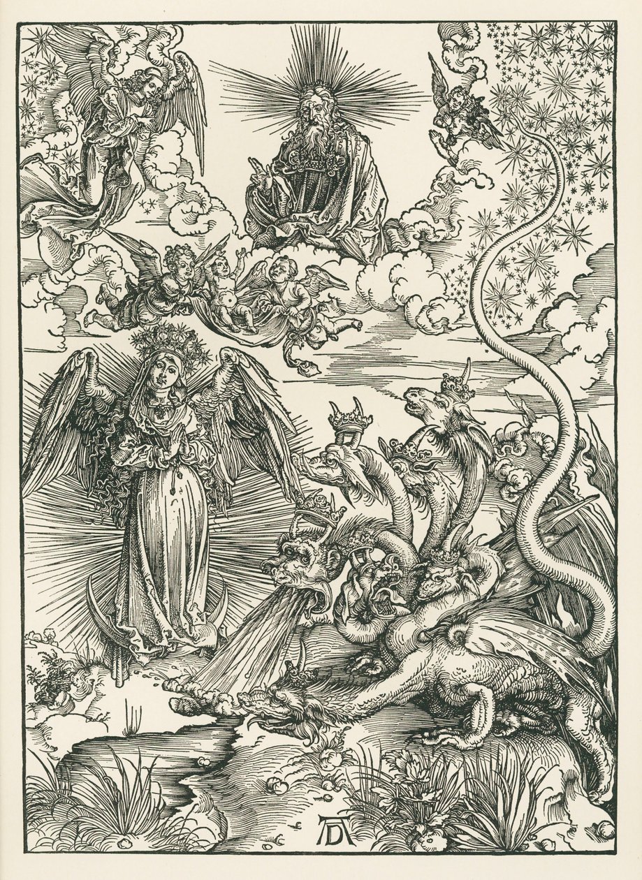Die Frau mit der Sonne bekleidet und der siebenköpfige Drache. Die Offenbarung des Johannes, c.1497 von Albrecht Dürer or Duerer
