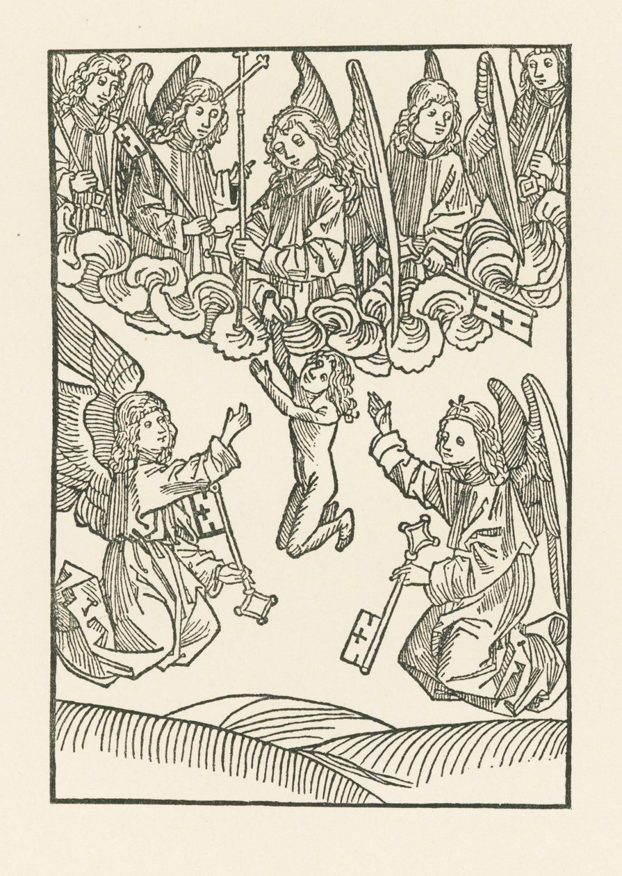 Die sieben Engel mit einem Kreuz und den sechs Schlüsseln, mit denen sie den Himmel zu den sechs Werken der Barmherzigkeit öffneten, empfangen eine Seele im Himmel von Albrecht Dürer or Duerer