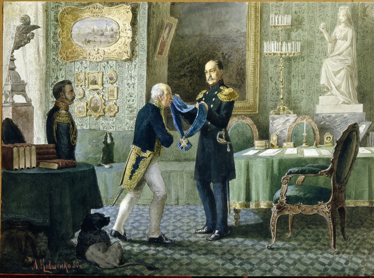 Kaiser Nikolaus I. von Russland (1796-1855) verleiht das blaue Band des Ordens des Heiligen Andreas an Graf Michail Speranski (1772-1839) von Aleksei Danilovich Kivshenko