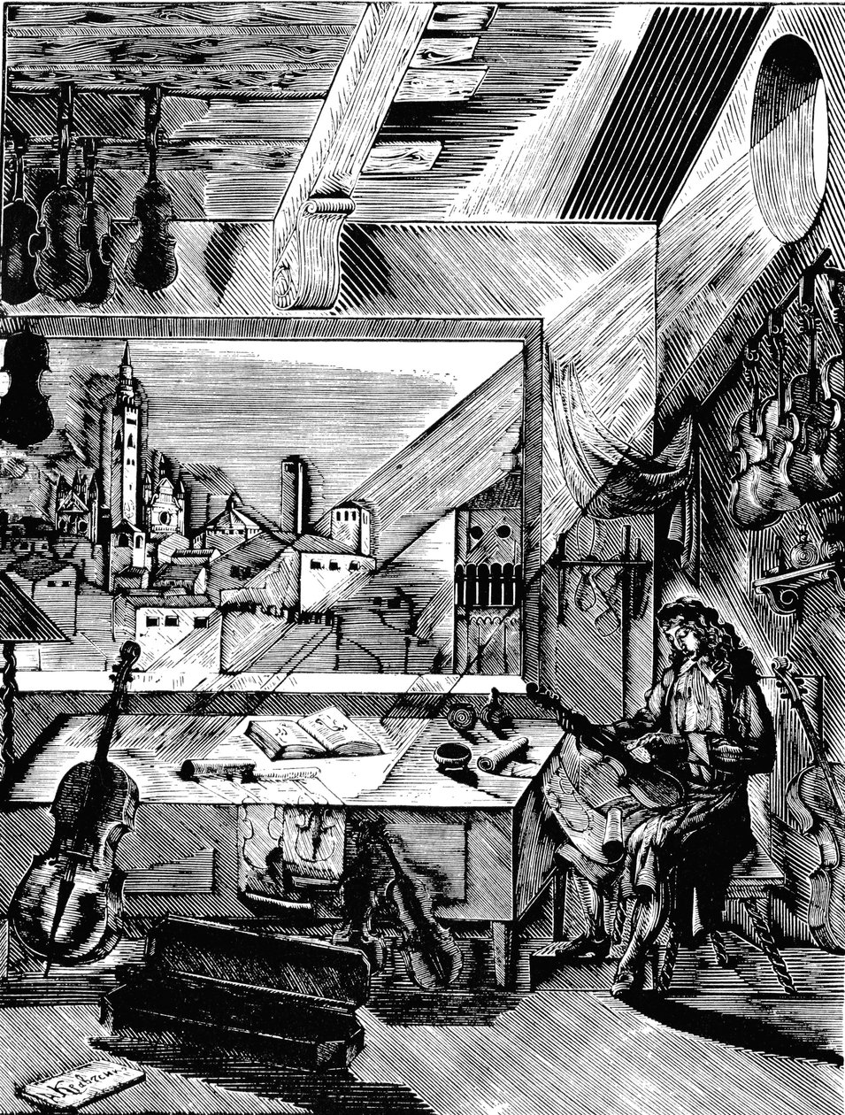 Italienischer Musikinstrumentenbauer Antonio Stradivari in seiner Werkstatt, 1926 von Aleksey Kravchenko