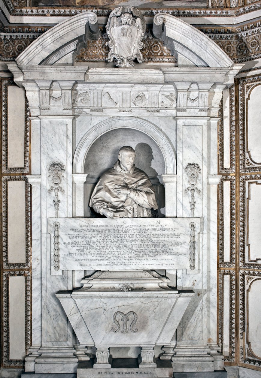 Grabdenkmal zu Ehren von Kardinal Giovanni Garcia Mellini mit Porträtbüste. Marmorskulptur von Alessandro Algardi (1598-1654) um 1630, Rom, Basilika Santa Maria del Popolo, Cappella Mellini von Alessandro Algardi
