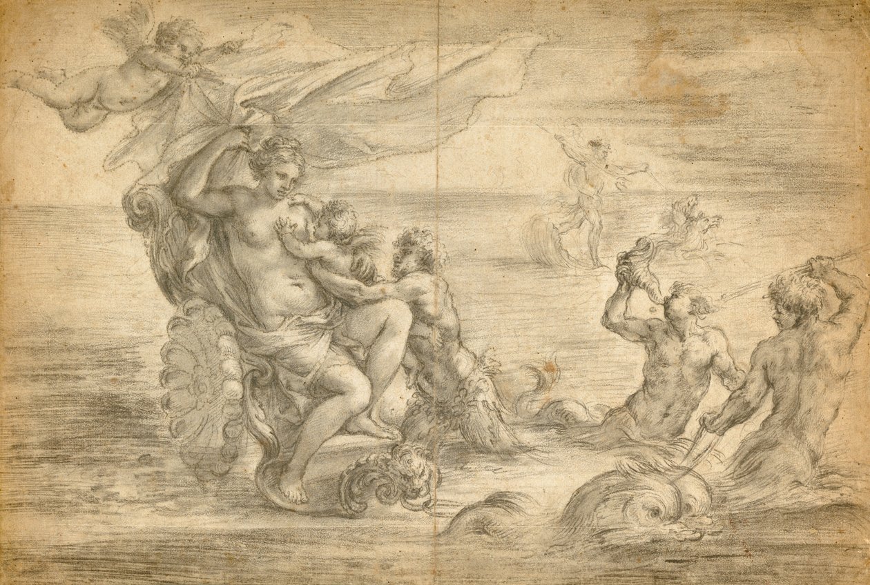 Venus in ihrem Meereswagen sitzend, Amor säugend von Alessandro Algardi
