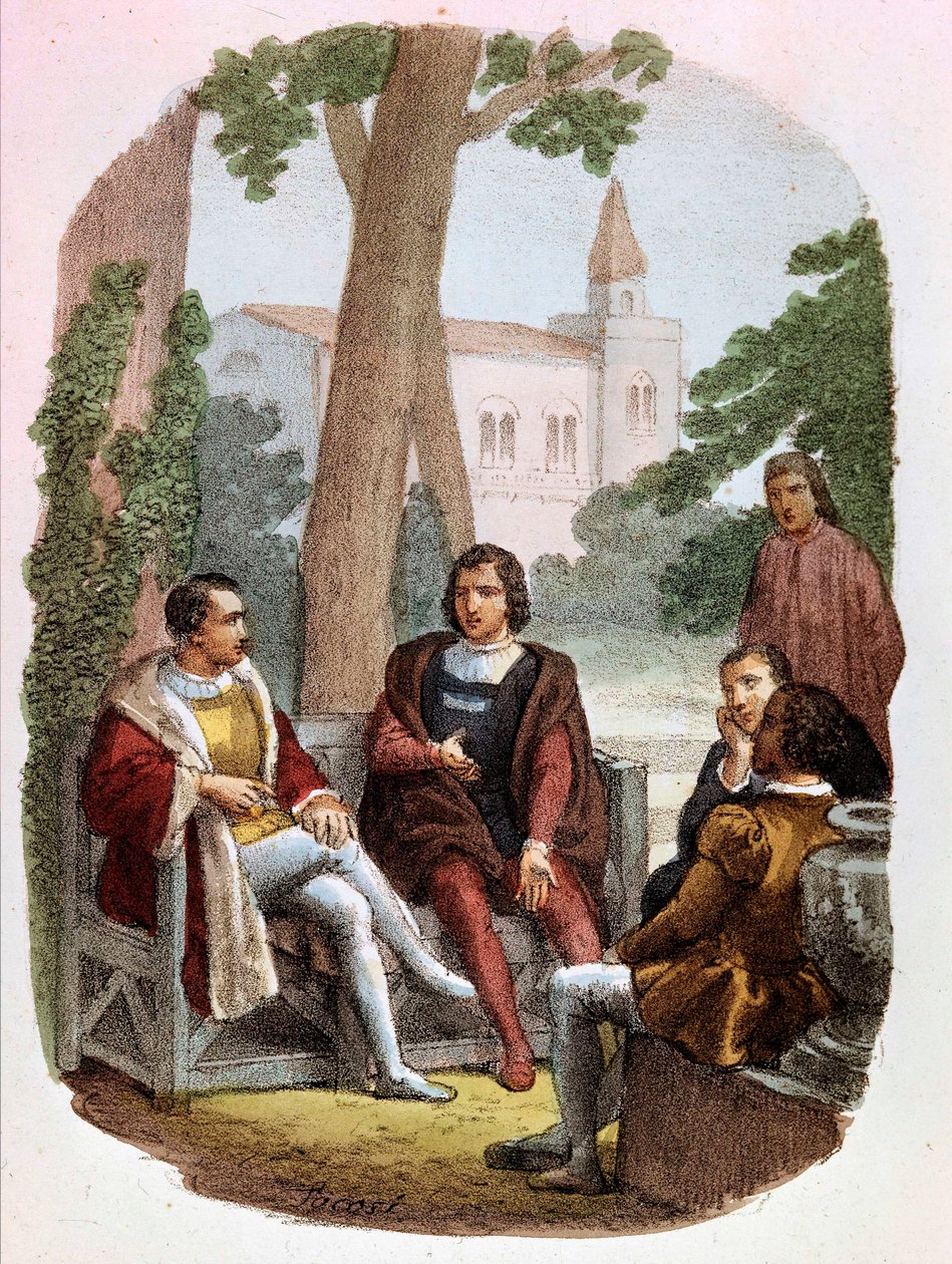 Fabrizio Colonna und Cosimo Rucellai diskutieren die Kunst des Krieges - in „Gesammelte Werke von Niccolò Machiavelli“, Illustration von Alessandro Focosi. „Die Kunst des Krieges“ von Niccolò di Bernardo dei Machiavelli von Alessandro Focosi