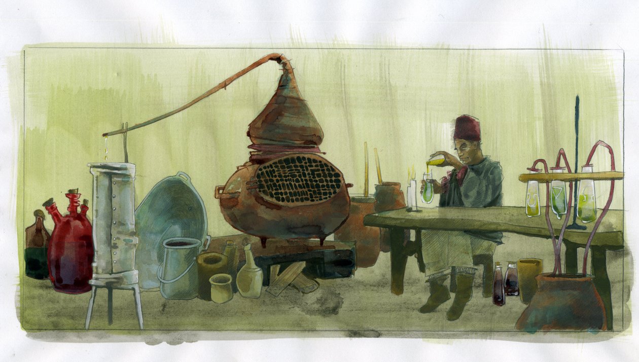 Alchemist in seinem Labor mit Gläsern und Destille - Illustration von Alessandro Lonati von Alessandro Lonati