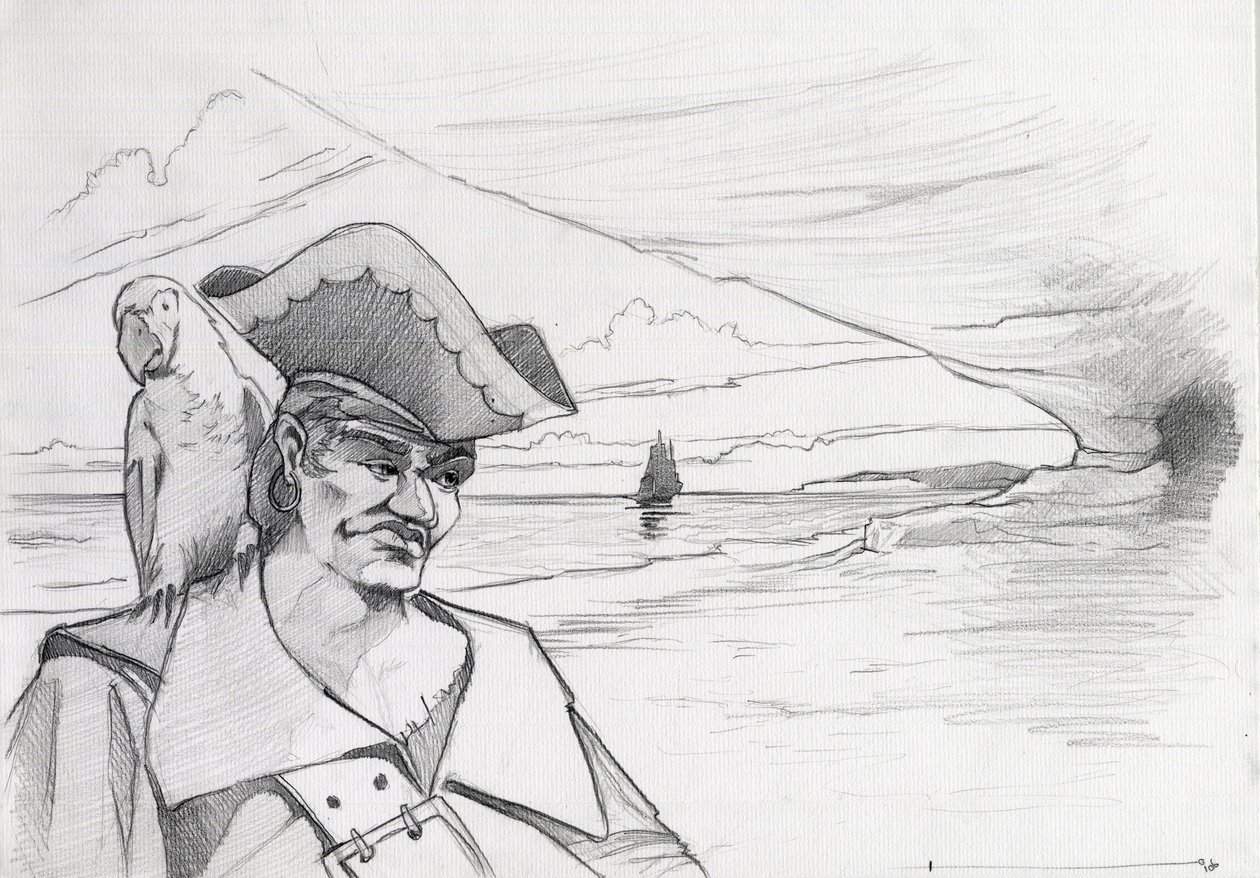 Karibischer Pirat mit Papagei auf Schatzsuche in einer Höhle am Strand, mit Galeone. von Alessandro Lonati