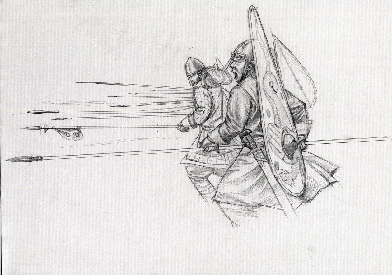 Angriff der normannischen Krieger der Infanterie in der Schlacht von Hastings im Jahr 1066. Zeichnung von Alessandro Lonati. von Alessandro Lonati