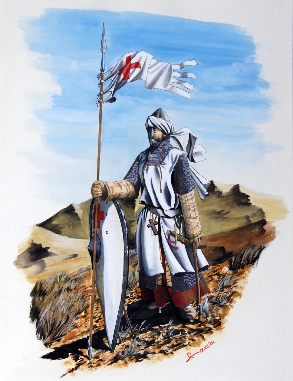Kreuzzüge: Ein Ritter des Templerordens trägt einen weißen Mantel mit dem Roten Kreuz Illustration von Alessandro Lonati von Alessandro Lonati