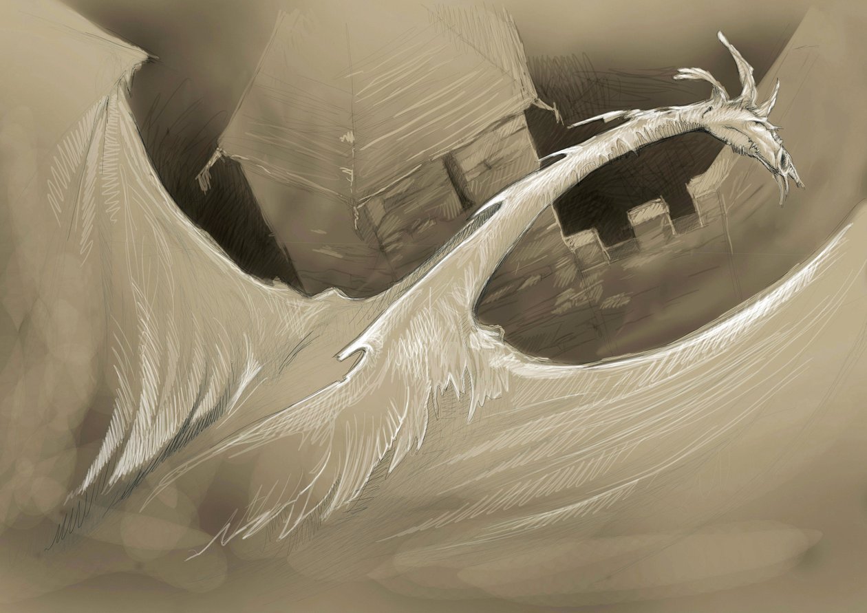 Fantastisches Wesen: ein Drache fliegt über einen Burgturm. Zeichnung von Alessandro Lonati von Alessandro Lonati