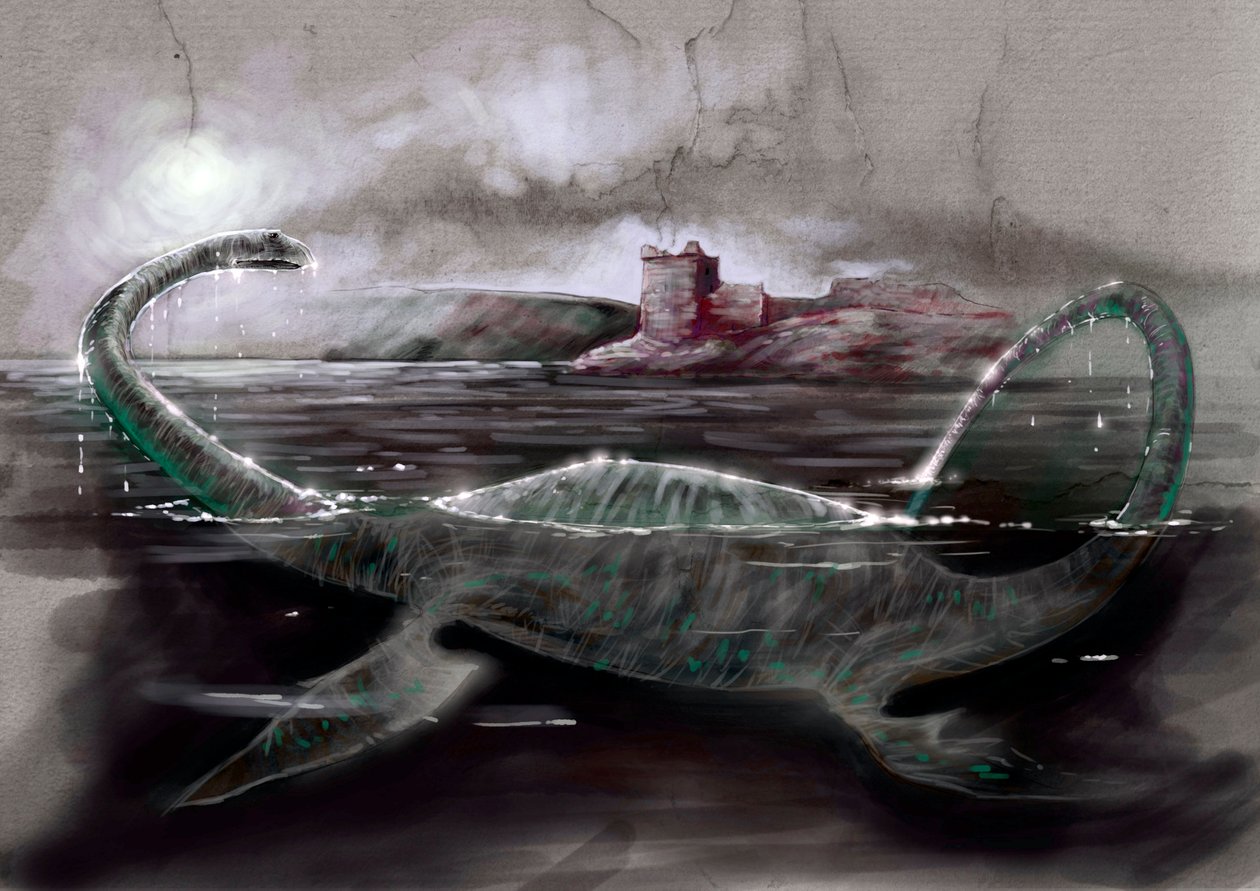 Fantastische Monster und Kreaturen, Kryptozoologie: Darstellung von Nessie, dem Loch Ness Monster in Schottland von Alessandro Lonati