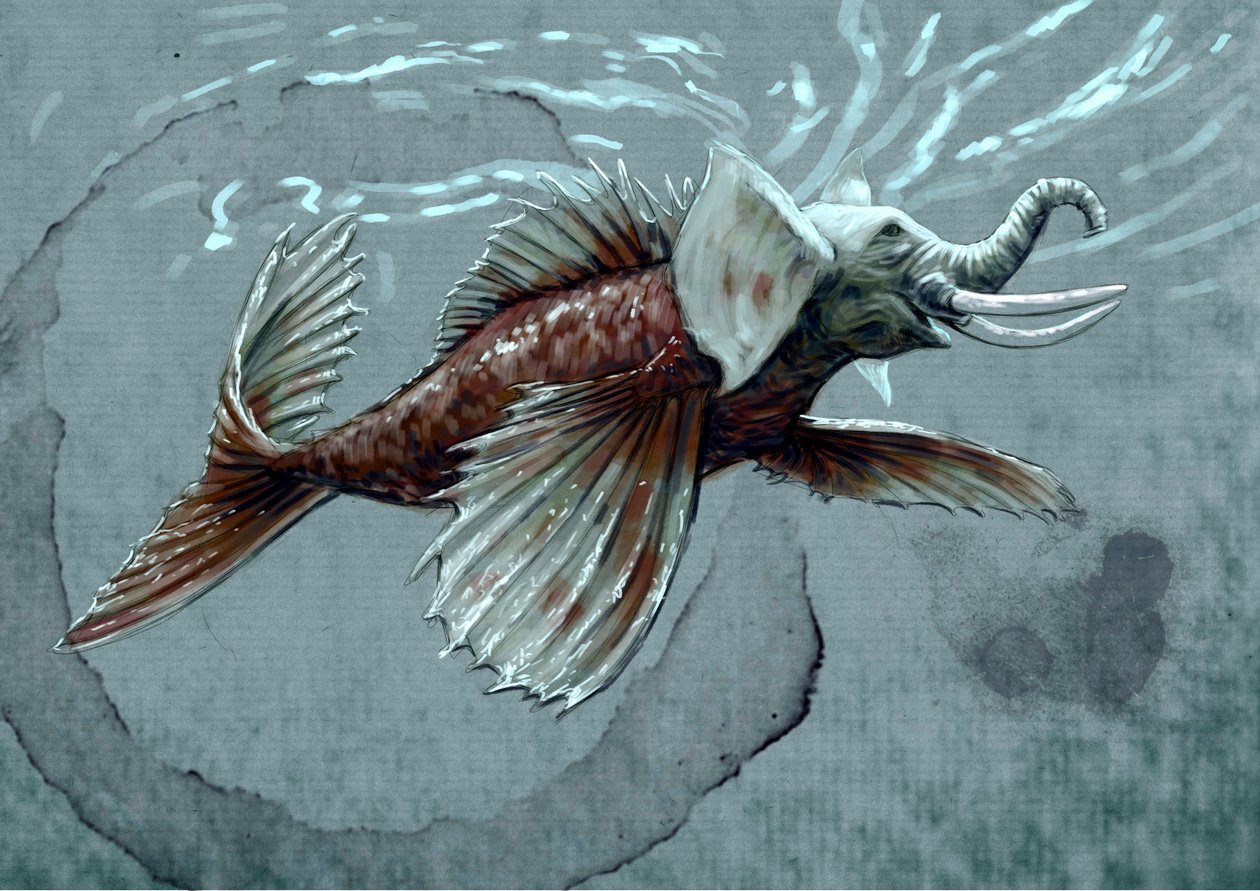 Fantastische Monster und Kreaturen, Kryptozoologie: Darstellung eines Makara, aquatisches Tier des mythologischen Bestiariums Indiens Zeichnung von Alessandro Lonati von Alessandro Lonati
