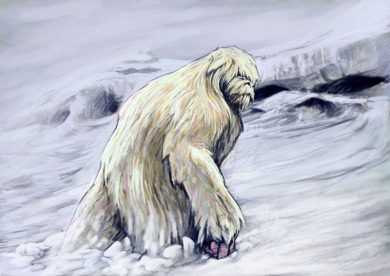 Fantastische Monster und Kreaturen, Kryptozoologie: Darstellung eines Yetis oder „Schneemenschen“, anthropomorphe Kreatur des Folklore der Himalaya-Region von Alessandro Lonati