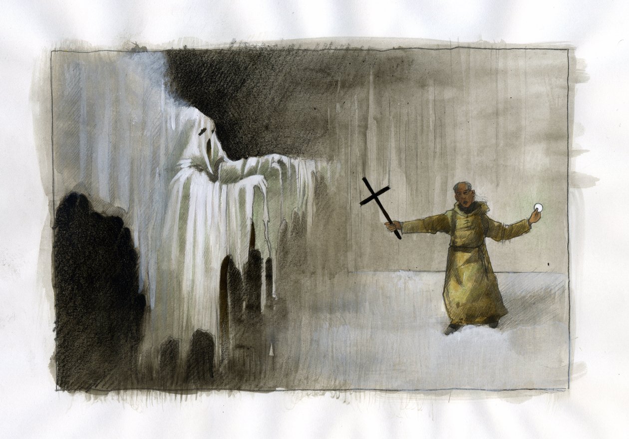 Kampf zwischen einem Mönch mit einem Kruzifix und einem Geist - Illustration von Alessandro Lonati von Alessandro Lonati