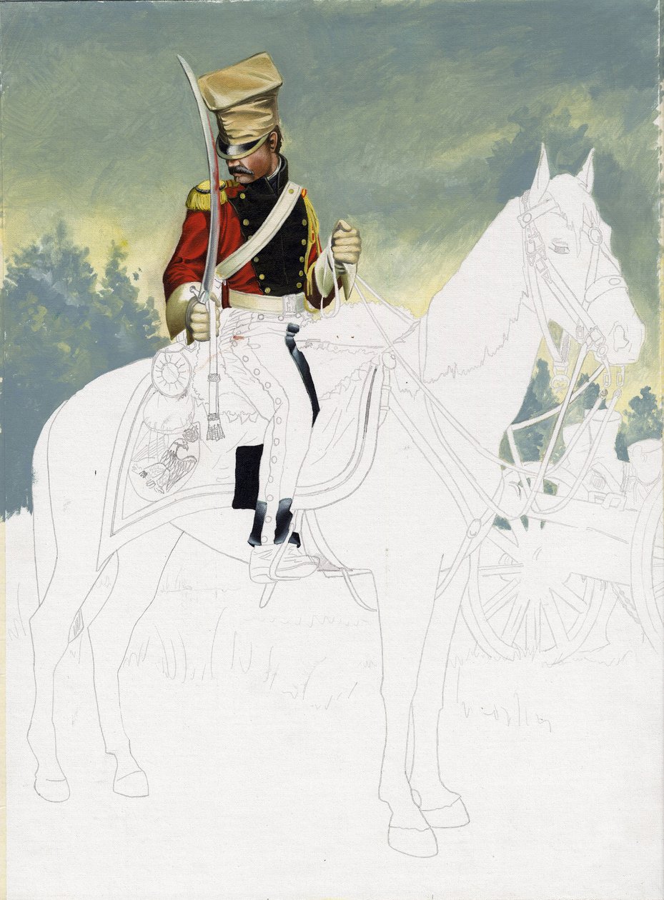 Erstes Kaiserreich (1804-1814 und 1815): Soldat der leichten Kavallerie der großen französischen napoleonischen Armee. Unvollendete Zeichnung von Alessandro Lonati. von Alessandro Lonati