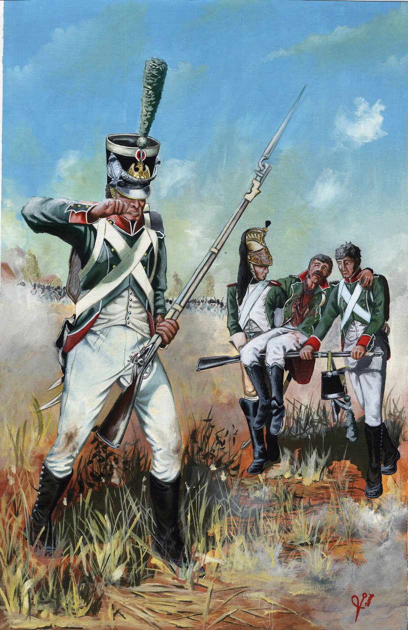 Erstes Kaiserreich (1804-1814 und 1815): Soldaten der großen napoleonischen Armee in Italien, die einem verwundeten Kameraden helfen von Alessandro Lonati