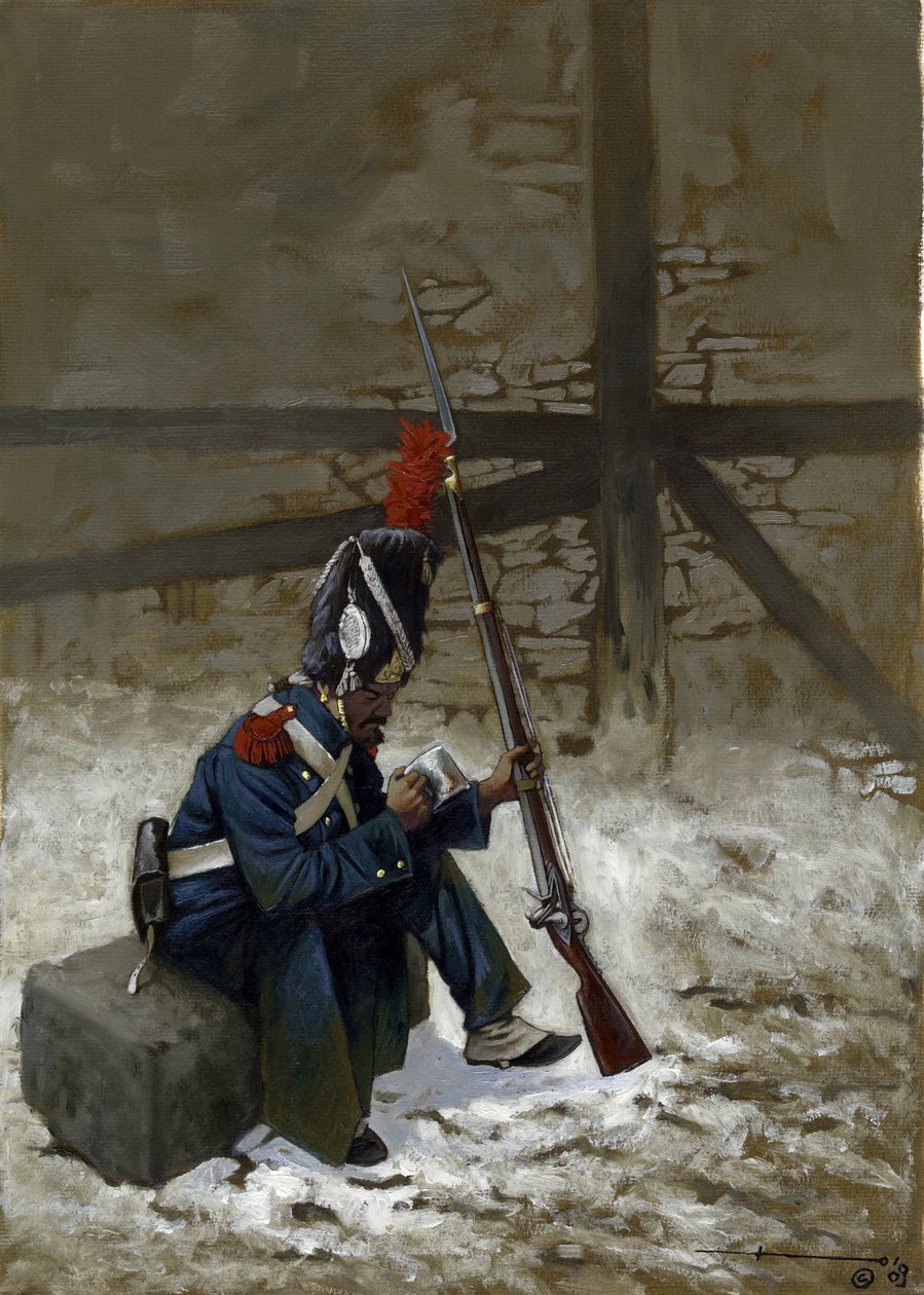 Erstes Kaiserreich: Gardegrenadier im Mantel, der im Schnee sitzt von Alessandro Lonati