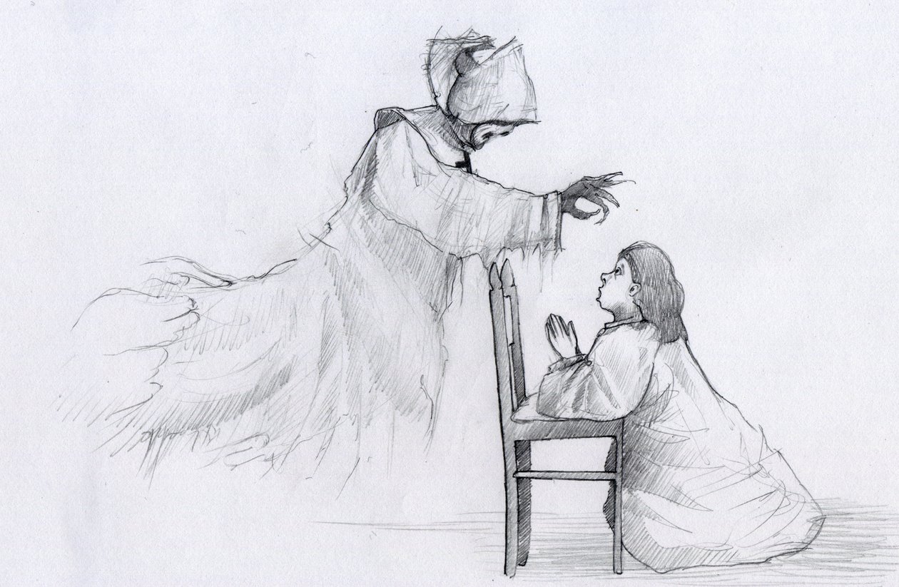 Geist einer älteren Nonne mit krummen Händen erscheint einem betenden kleinen Mädchen. von Alessandro Lonati