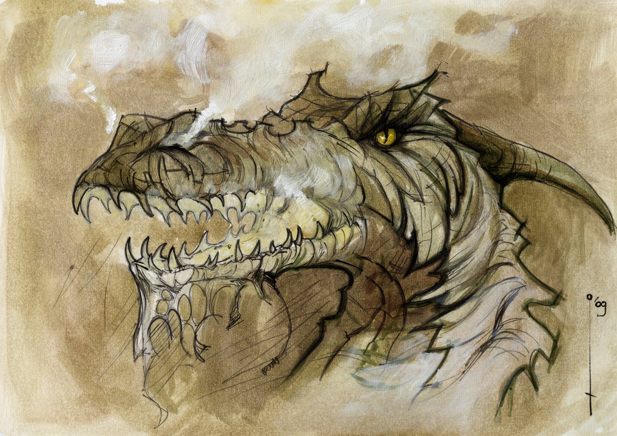 Illustration eines fantastischen und legendären Tieres: Drachenkopf, der Rauch durch die Schnauze ausstößt von Alessandro Lonati