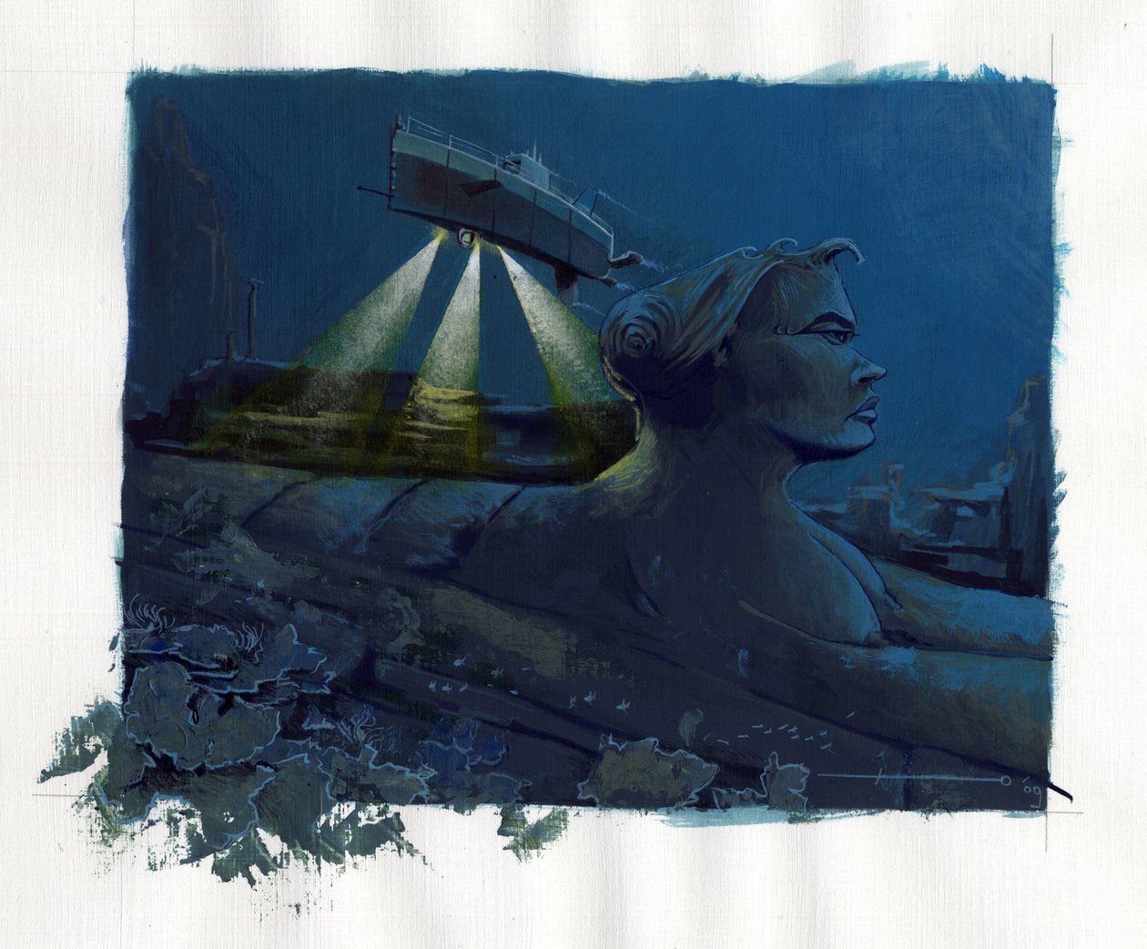 Illustration des Mythos der unter dem Meer versunkenen Insel Atlantis: Ein U-Boot erkundet den Meeresboden und entdeckt die Ruinen der legendären Insel Farbillustration von Alessandro Lonati von Alessandro Lonati
