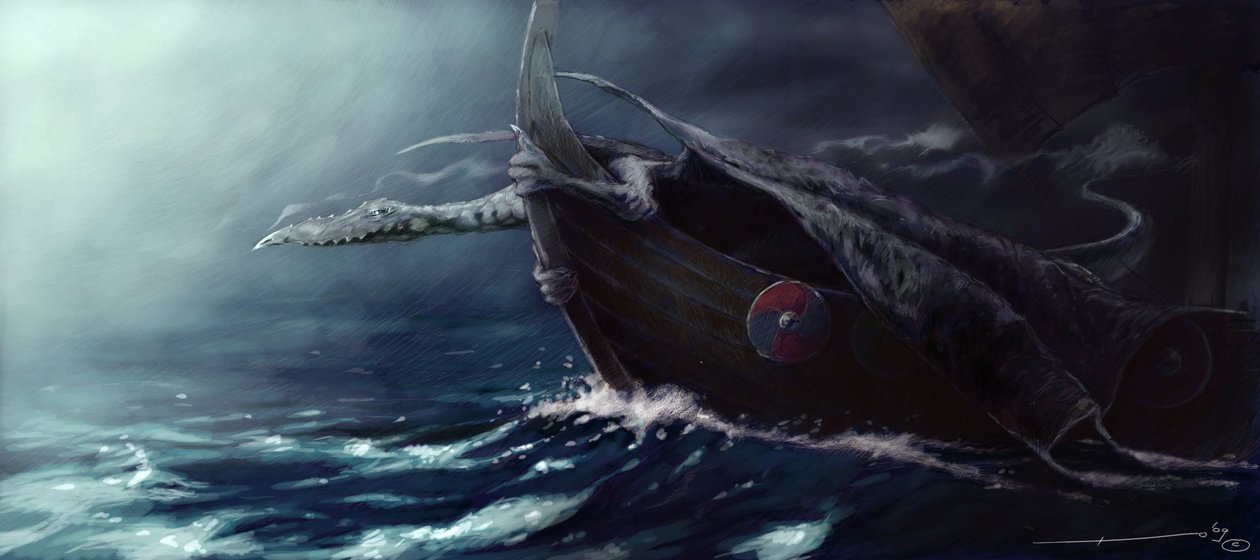 Legendäre Kreatur: Drache greift einen Drakkar (Wikingerschiff) an. Zeichnung von Alessandro Lonati von Alessandro Lonati
