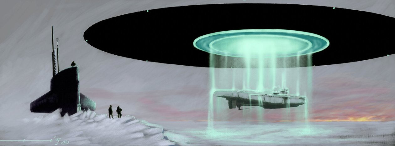 Treffen am Nordpol zwischen einem U-Boot und einer fliegenden Untertasse (UFO, UFO oder Alien) zur Rückgabe eines von Aliens während des Krieges genommenen U-Boots. Zeichnung von Alessandro Lonati von Alessandro Lonati