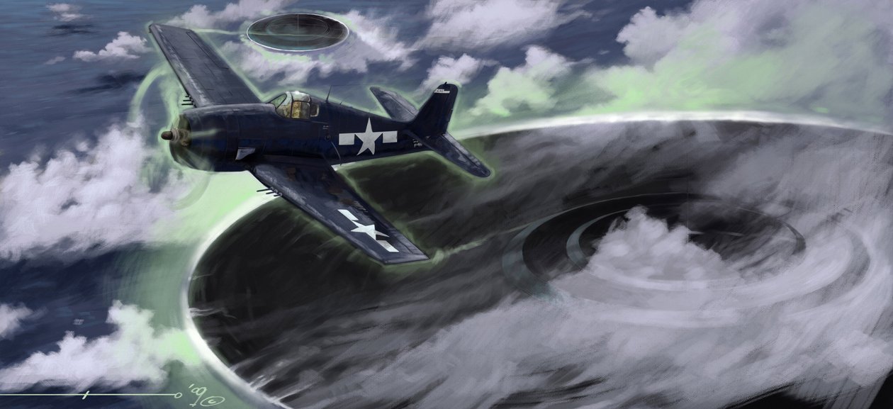 Mysteriöse Phänomene: Darstellung des Verschwindens eines US-Navy-Flugzeugs im Bermuda-Dreieck in den 1940er Jahren. Eine Legende besagt, dass es das Werk von UFOs (Außerirdischen) war. Zeichnung von Alessandro Lonati von Alessandro Lonati