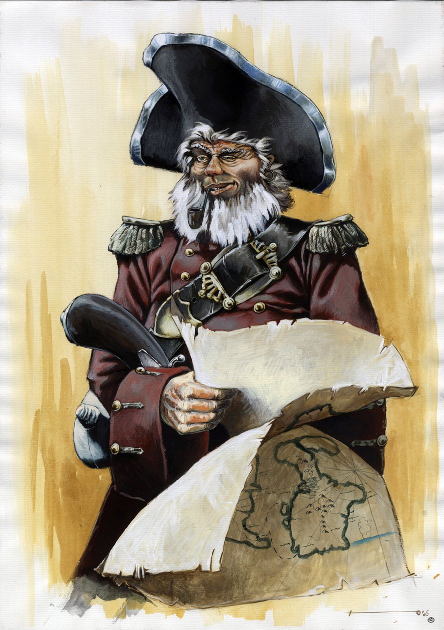 Porträt eines Piraten oder Seemanns mit Dreispitz und Schatzkarte in den Händen von Alessandro Lonati