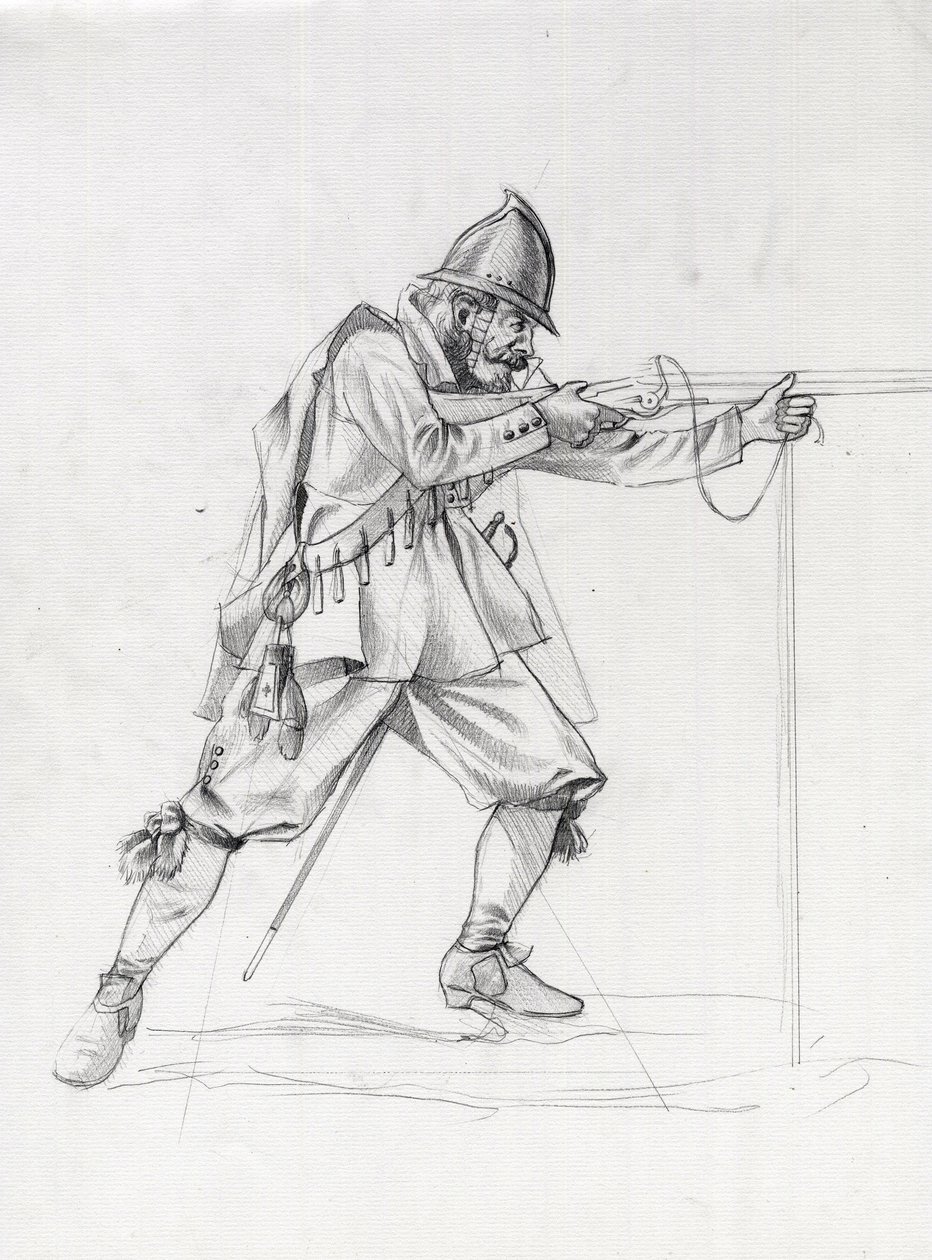 Porträt eines Schiffssoldaten des 17. Jahrhunderts in Schussposition. Zeichnung von Alessandro Lonati. von Alessandro Lonati
