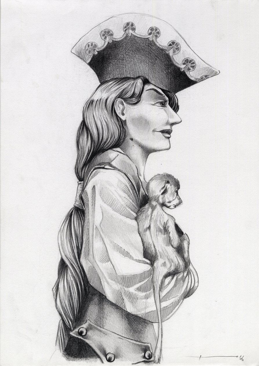 Profilporträt einer Piratenfrau aus der Karibik mit kleinem Affen in den Armen von Alessandro Lonati