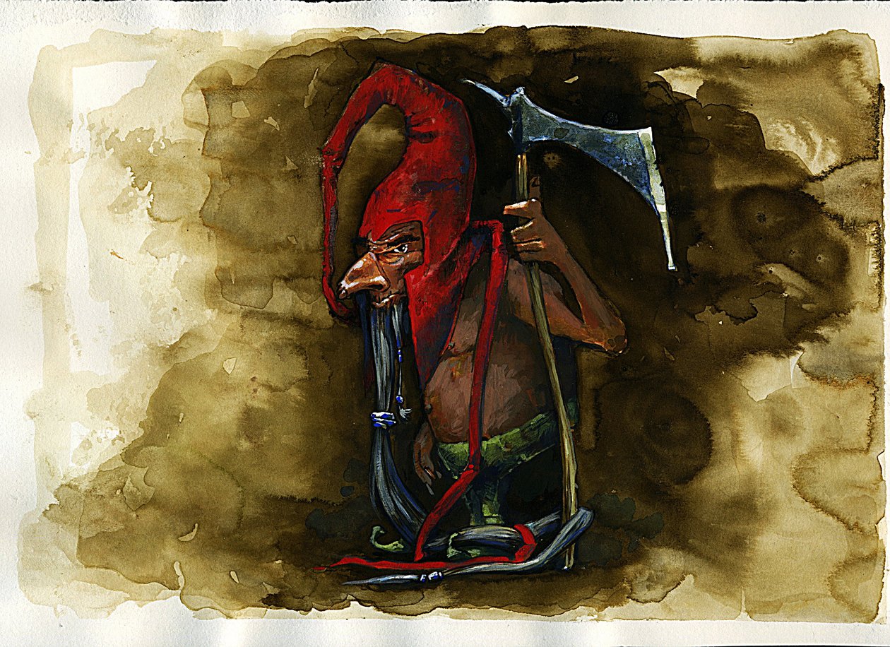 Darstellung einer Rotkappe (Rotkappe, Powrie oder Dunter, Rot-Bonnet) legendäre bösartige Kreatur der Koboldfamilie aus der britischen Folklore Illustration von Alessandro Lonati von Alessandro Lonati