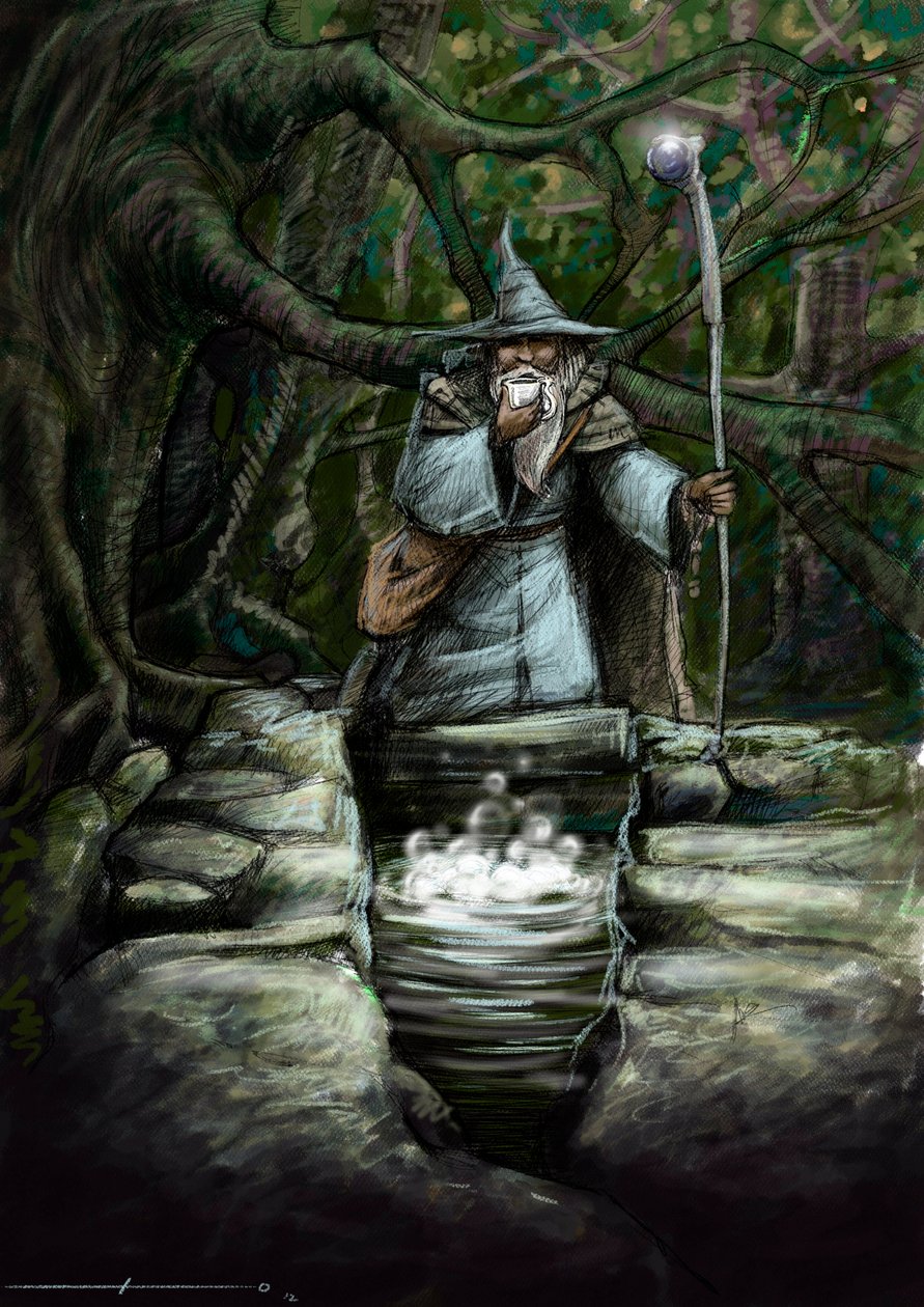 Darstellung eines Druiden, der an der wunderbaren Quelle von Barenton im Wald von Broceliande trinkt von Alessandro Lonati