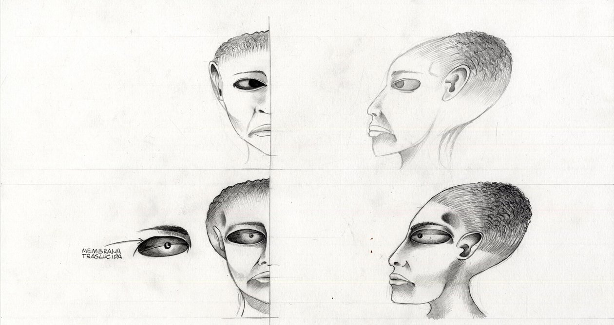 Science-Fiction-Illustration: Studie des Gesichts eines Außerirdischen vom Planeten Mars zur Eroberung des Weltraums Zeichnung von Alessandro Lonati von Alessandro Lonati