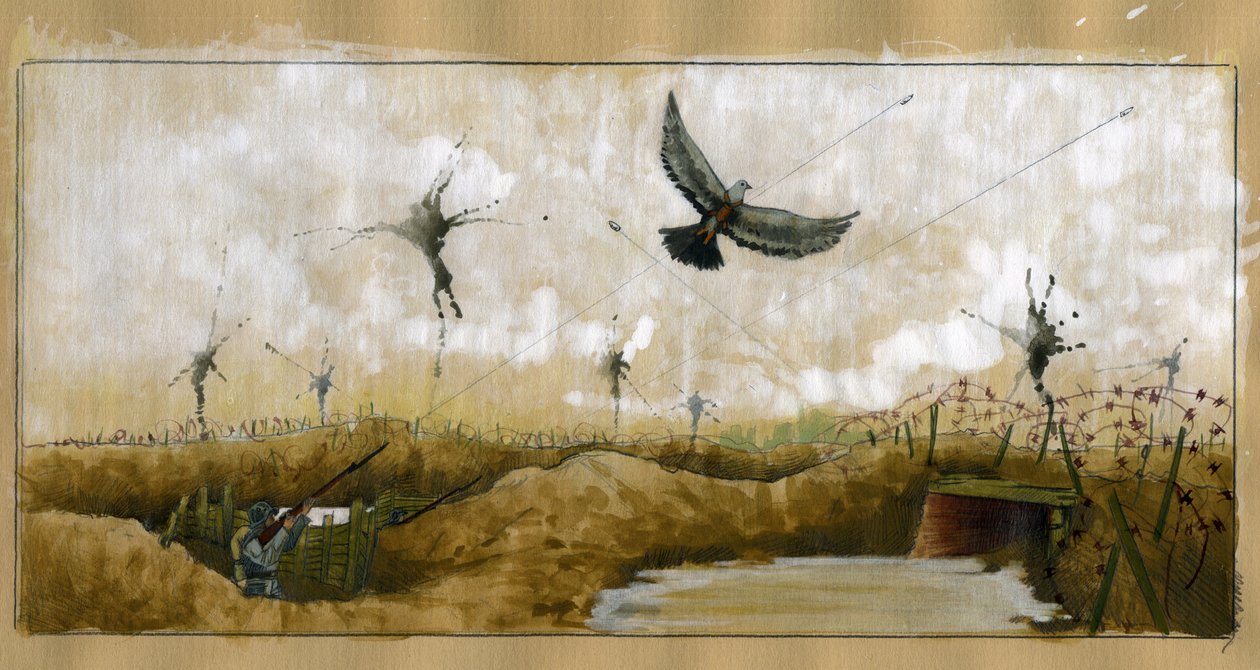 Erster Weltkrieg: eine Brieftaube, die eine Nachricht trägt, wird von einem deutschen Soldaten in einem Schützengraben ins Visier genommen, der versucht, eine Nachricht zu bergen, 1914-1918 von Alessandro Lonati