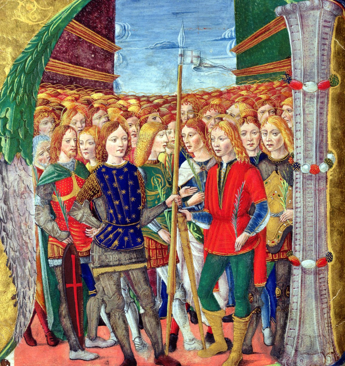 Historisierte Initiale N, die St. Mauritius und die Thebäische Legion darstellt, Lombardische Schule, ca. 1499-1511 von Alessandro Pampurino
