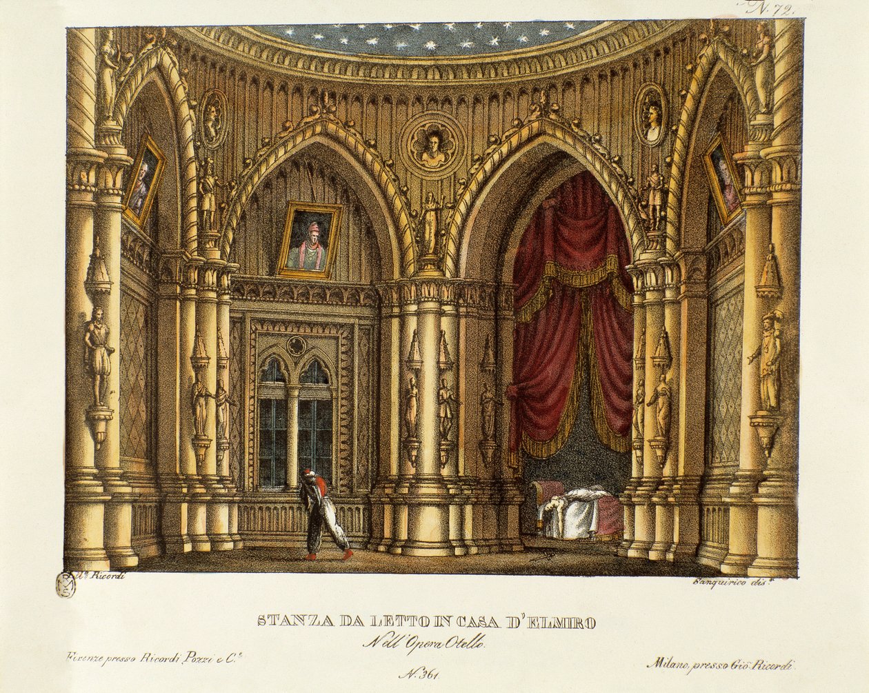 Das Schlafzimmer von Elmire (oder Elmiro) Bühnenbild für die Oper „Otello“ von Gioacchino Rossini (1816) nach William Shakespeares Stück „Othello oder der Mohr von Venedig“ 1830 (Lithographie) von Alessandro Sanquirico