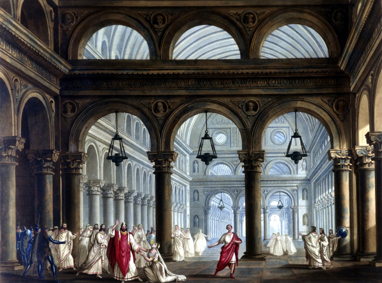 Der Tempel von Irminsul in der Oper „Norma“ von Vincenzo Bellini (1801 - 1835): Szenografie von Sanquirico für die Aufführung im Theater La Scala in Mailand 1833. von Alessandro Sanquirico